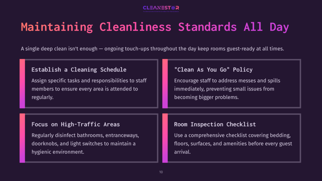 Text On A Dark Purple Background Outlining Hotel Cleaning Tips, Including Schedules, High-Traffic Areas, And Inspection Checklists.