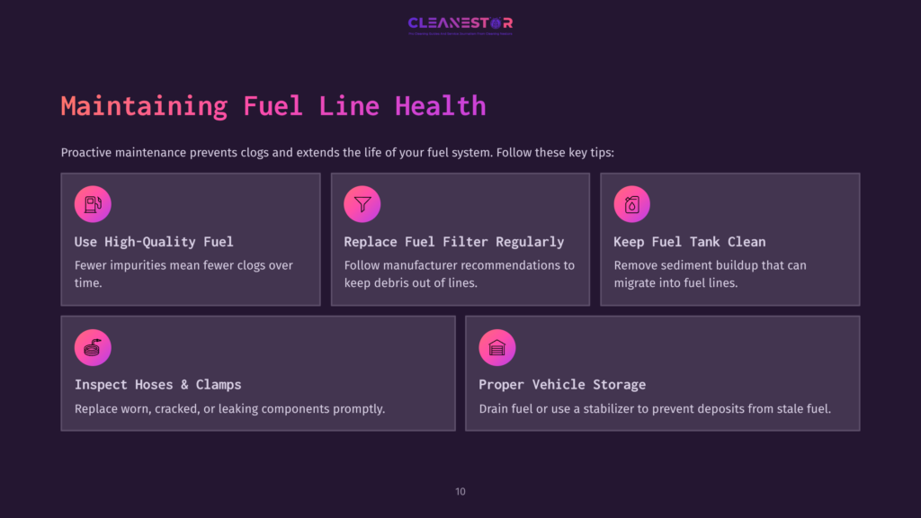 Text On A Dark Purple Background Outlining Fuel Line Maintenance Tips, Including Checking Hoses, Changing Filters, And Cleaning Tanks.