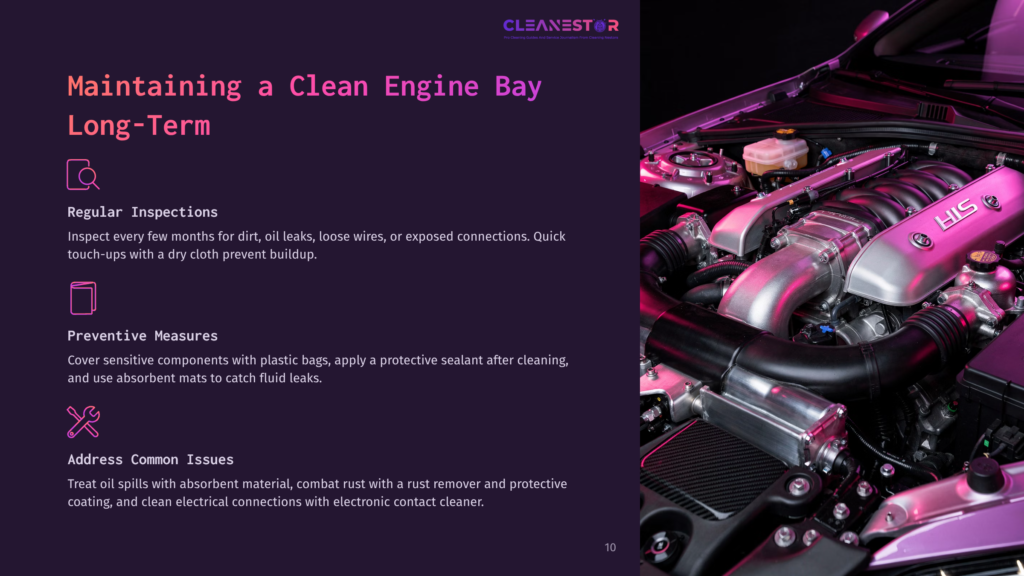 A Clean Engine Bay Of A Car, Featuring A Supercharger And Various Engine Components. Text Overlay Reads &Quot;Cleanestor&Quot; And &Quot;Maintaining A Clean Engine Bay Long-Term&Quot;.