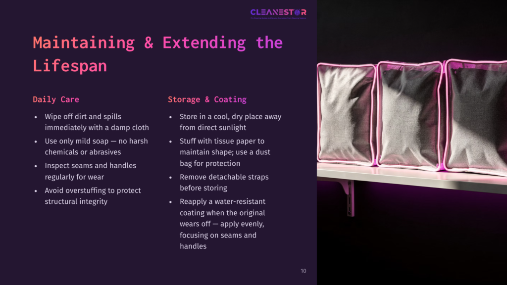 10 Maintaining And Extending The Lifespan Three Fabric Storage Bags In Varying Shades Of Grey And Black Are Neatly Arranged On A White Shelf. The Bags Are Illuminated By Soft Pink And Purple Lighting, Casting A Gentle Glow. The Text &Quot;Cleanestor&Quot; Is Visible At The Top Of The Image.