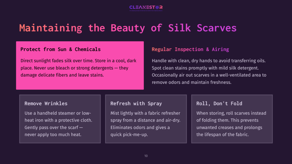 A Colorful Infographic Detailing Tips For Cleaning Silk Scarves, Featuring Headings, Bullet Points, And Highlighted Text In Purple And Pink.