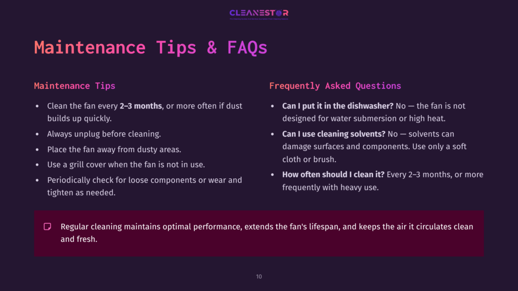 Dark Purple Background With White And Light Purple Text. Lists Maintenance Tips And Faqs For Cleaning A Honeywell Quietset Fan.