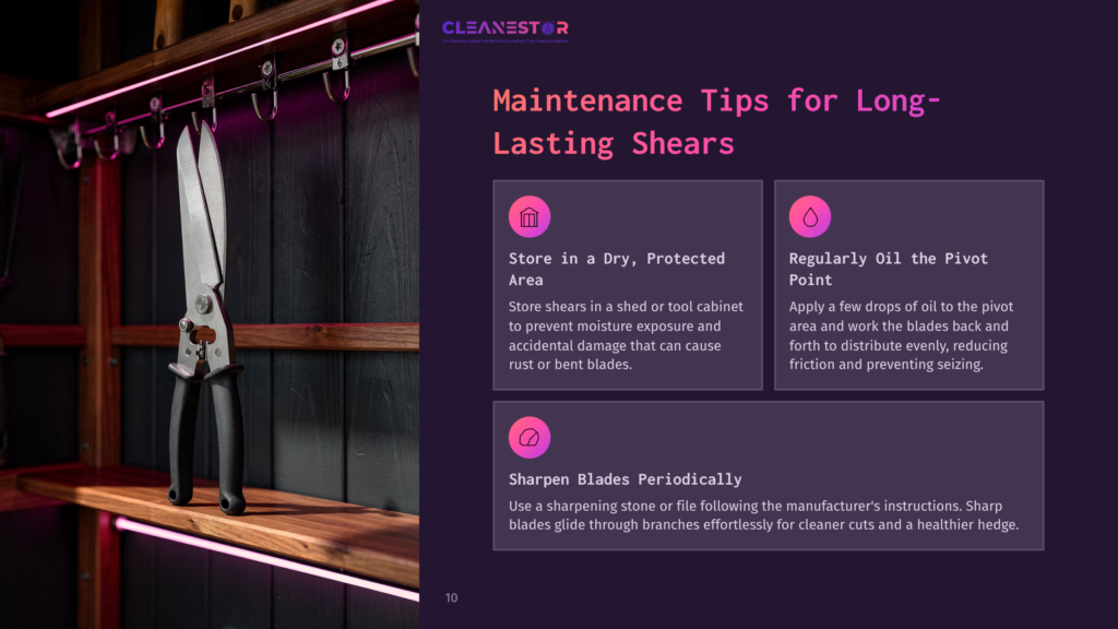 Silver Hedge Shears Hang On A Wooden Shelf With Pink Lighting. Nearby, Maintenance Tips Are Displayed In Purple And Pink Boxes.