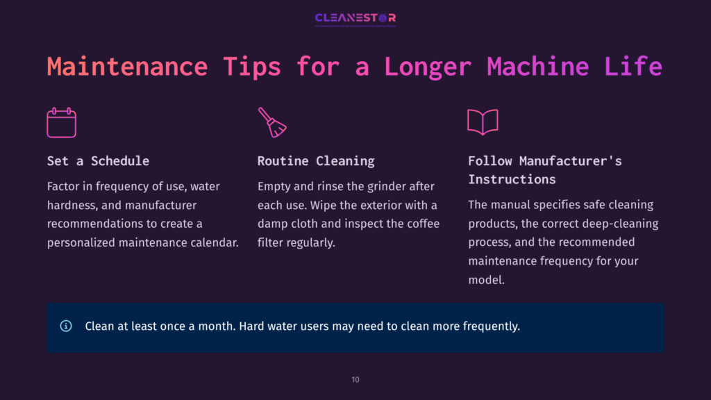 Cleanestor Logo And Text: &Quot;Maintenance Tips For A Longer Machine Life.&Quot; Icons For Schedule, Cleaning, And Manual With Accompanying Text About Machine Maintenance.