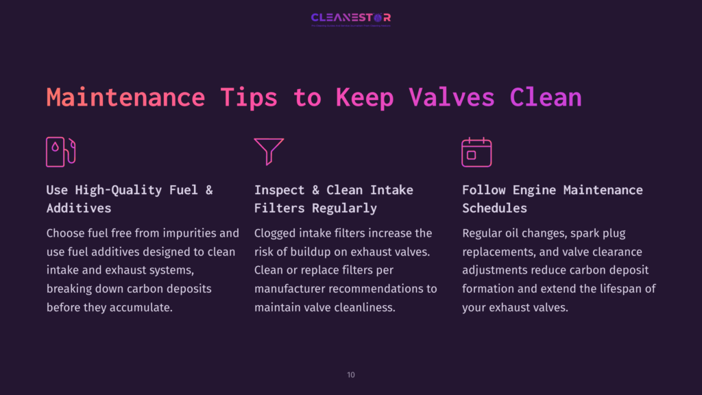 Graphic Displaying &Quot;Maintenance Tips To Keep Valves Clean&Quot; With Icons For Fuel Additives, Clean Filters, And Engine Maintenance Schedules.