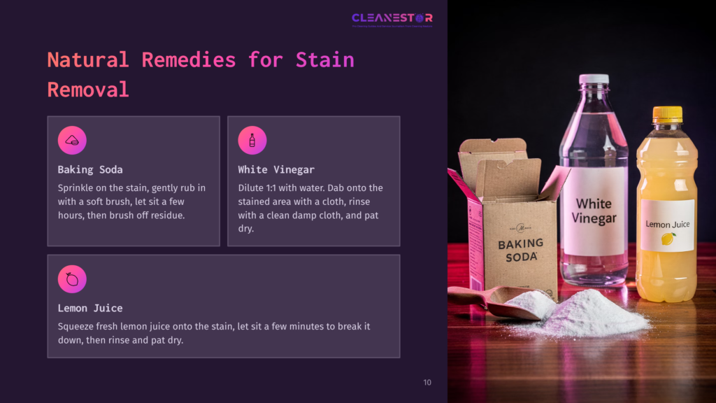 Two Bottles Of White Vinegar And Lemon Juice, Alongside A Box Of Baking Soda, On A Dark Background With Pink Accents. Instructions For Stain Removal Nearby.