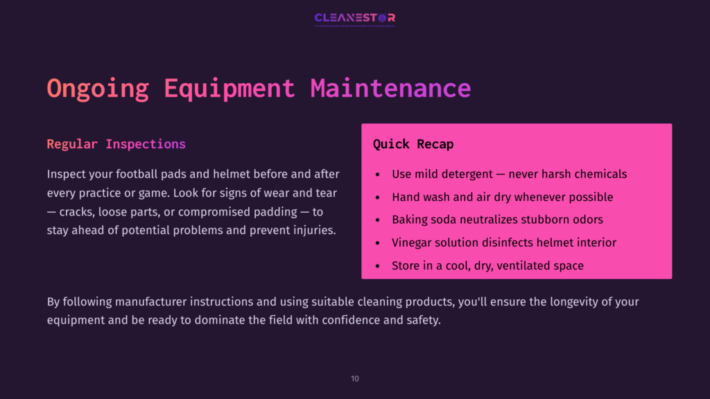 Instructions For Maintaining Football Pads And Helmet With Highlighted Recap Tips, Featuring Purple And Pink Text On A Dark Background.