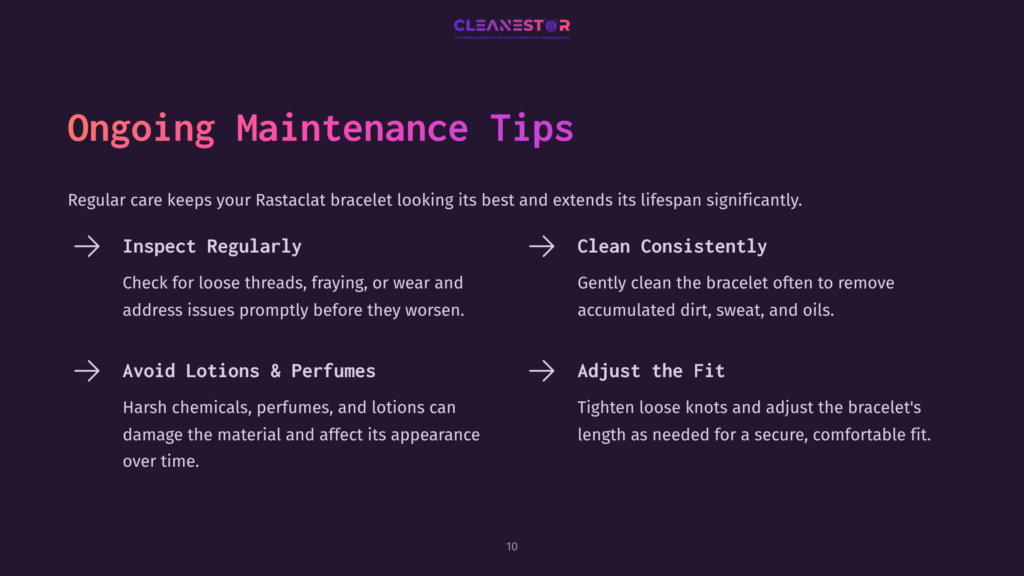 Purple Background With White And Pink Text, Featuring Maintenance Tips For A Rastaclat Bracelet, Illustrated With Arrows And Icons For Tips.