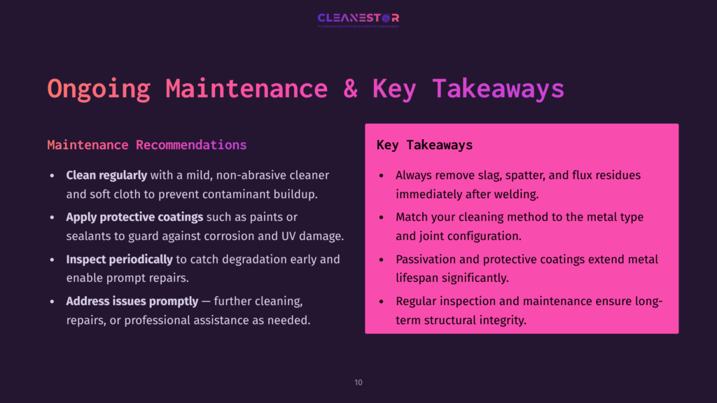Slide Titled &Quot;Ongoing Maintenance &Amp; Key Takeaways&Quot; With Sections On &Quot;Maintenance Recommendations&Quot; And &Quot;Key Takeaways.&Quot; Recommendations Include Cleaning, Applying Protective Coatings, And Addressing Issues Promptly. Key Takeaways Emphasize Removing Slag, Matching Cleaning Methods, And Regular Inspection For Structural Integrity.