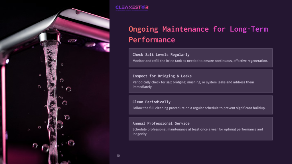 Close-Up Of Water Flowing From A Shiny Chrome Faucet Into A Dark, Moody Background, With Text Overlay Detailing &Quot;Cleanestor&Quot; And &Quot;Ongoing Maintenance For Long-Term Performance&Quot; With Bullet Points On Salt Levels, Bridging, And Professional Service.
