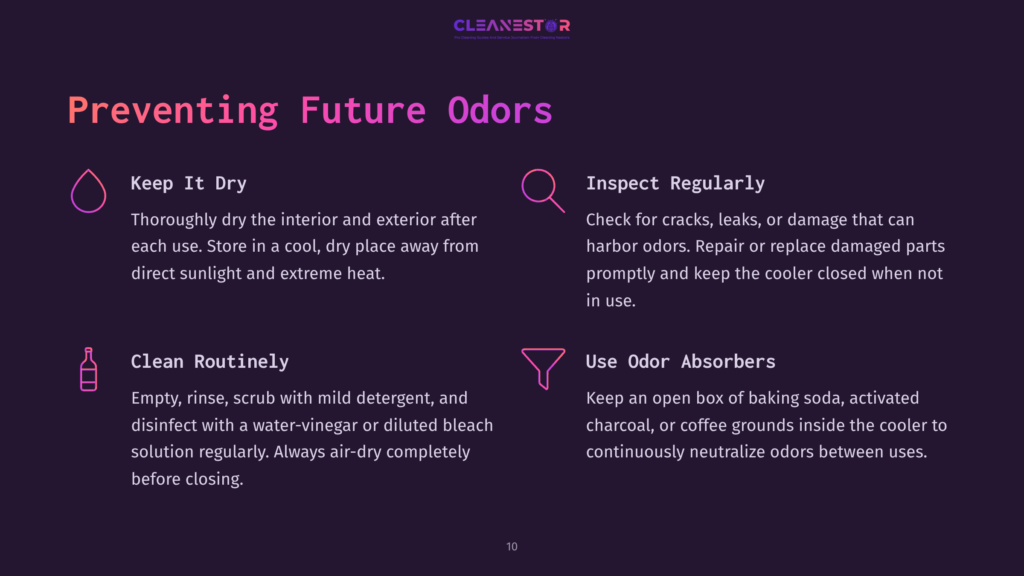 On A Dark Purple Background, Text Outlines Steps To Prevent Odors In Coolers, Including Drying, Inspecting, And Using Odor Absorbers.