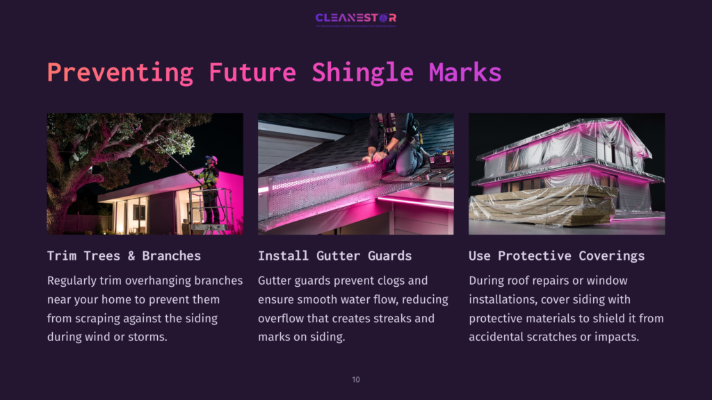 Three Images Illustrating Ways To Prevent Shingle Damage: A Person Trimming Tree Branches Near A House, A Close-Up Of Clean Gutters, And A House Covered In Protective Sheeting. Text Reads &Quot;Preventing Future Shingle Marks.