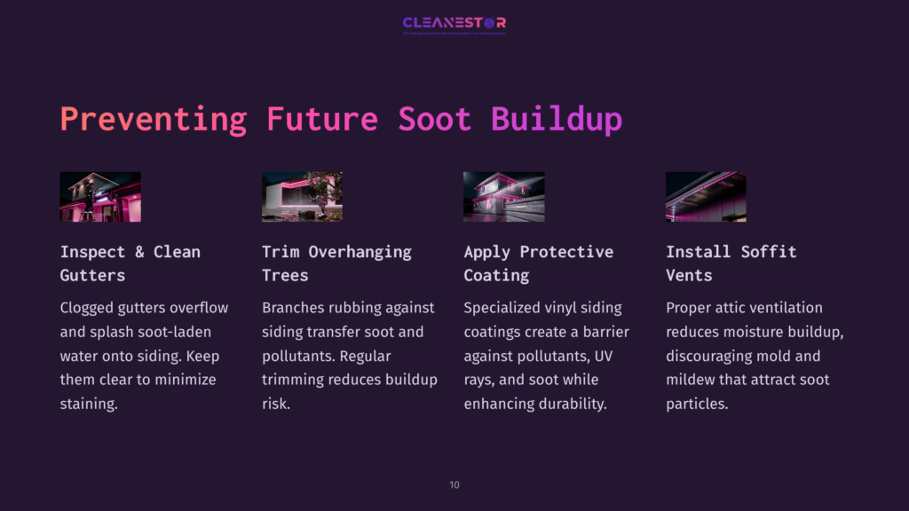 Four Panels With A Purple Background, Each Containing White And Pink Text. Tips On Preventing Soot Buildup Highlight Maintenance Tasks.