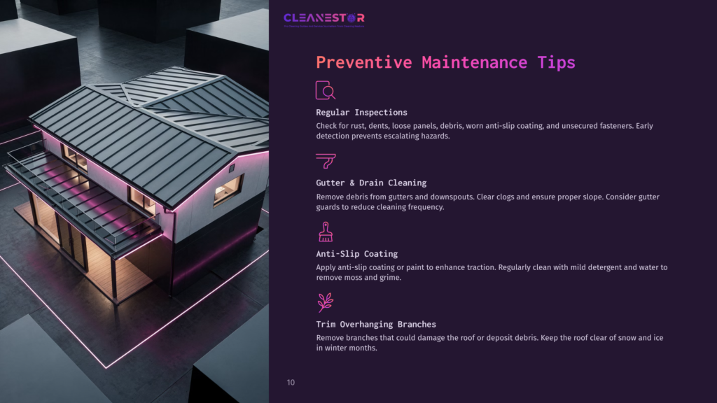 Modern House With A Metal Roof, Features Dark Panels And A Pink Accent, Surrounded By Trees; Text Outlines Maintenance Tips.