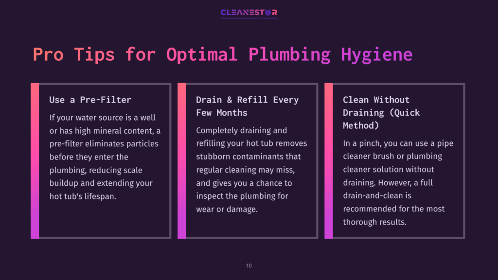 Infographic Titled &Quot;Pro Tips For Optimal Plumbing Hygiene&Quot; With Three Sections: &Quot;Use A Pre-Filter,&Quot; &Quot;Drain &Amp; Refill Every Few Months,&Quot; And &Quot;Clean Without Draining (Quick Method).