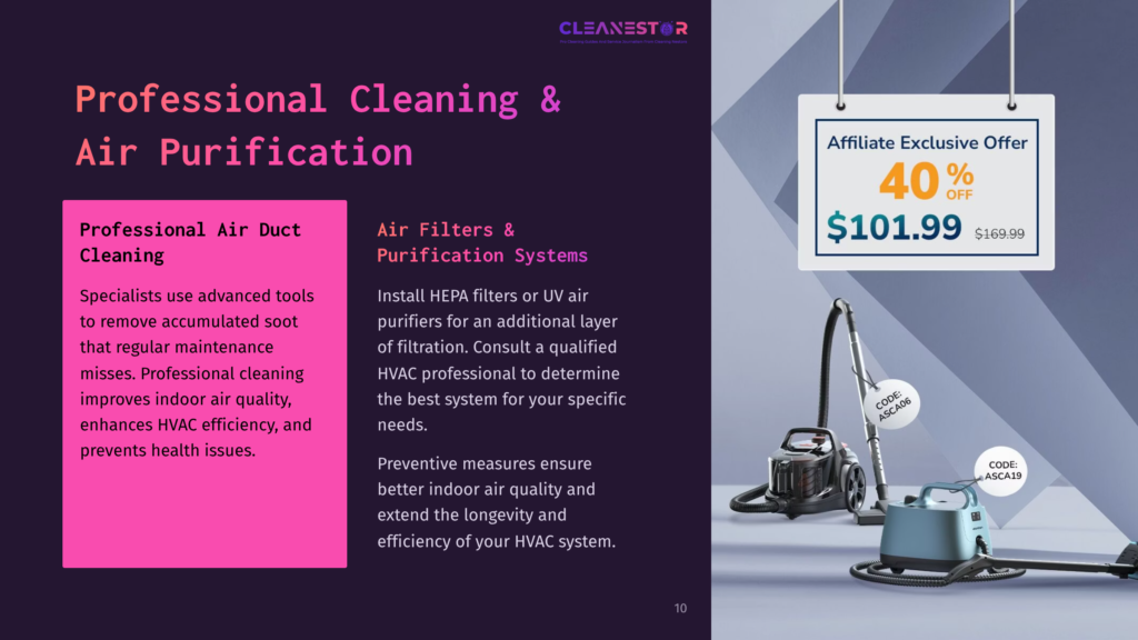 A Vacuum Cleaner And Brush Sit On A Dark Surface With A Pink Text Box Detailing Professional Air Duct Cleaning Services.