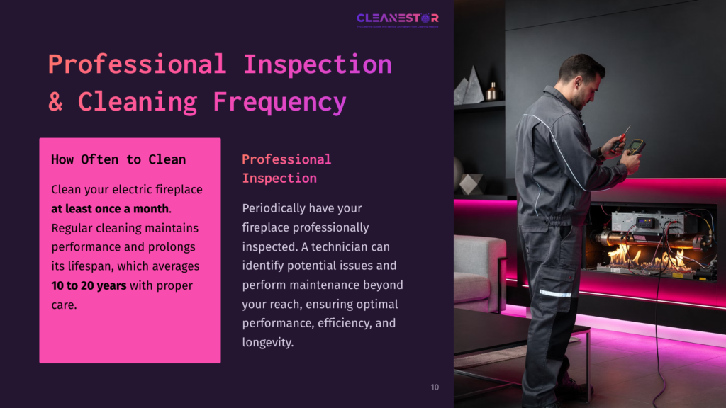 A Person In Gray Overalls Cleaning An Electric Fireplace With A Vacuum, Surrounded By Purple And Pink Accents In A Modern Living Space.