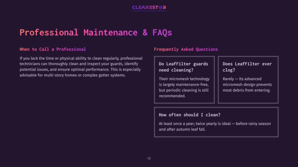 Purple Background Featuring White Text Sections Labeled &Quot;Professional Maintenance &Amp; Faqs,&Quot; With A List Of Frequently Asked Questions About Gutter Guard Maintenance.