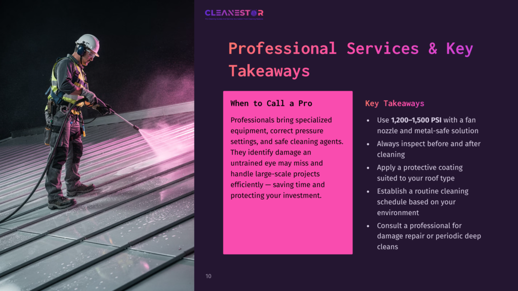 10 Professional Services And Key Takeaways Professional Pressure Washing Service: A Worker In A Harness Uses A Pressure Washer On A Metal Roof, With Pink Spray Misting. Text Reads &Quot;Cleanestor&Quot; And &Quot;Professional Services &Amp; Key Takeaways&Quot;.