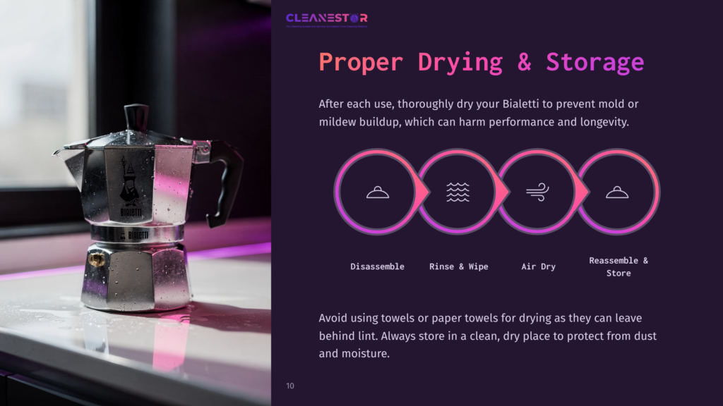 A Metallic Bialetti Coffee Maker Sits On A Light-Colored Surface With Water Droplets, Alongside Icons For Disassembling, Rinsing, And Storing.