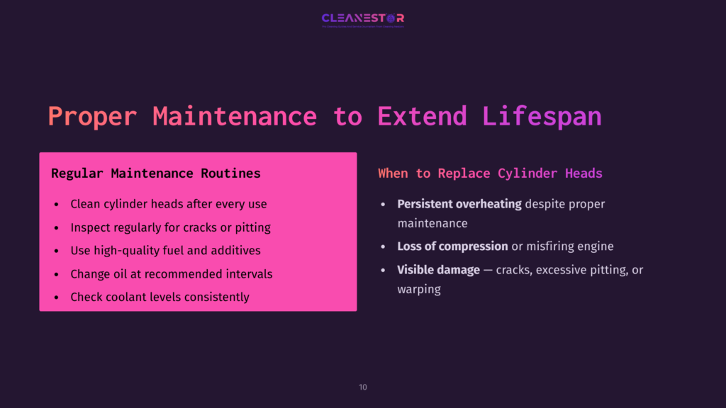 Text In A Purple Background Detailing Proper Maintenance Routines For Cast Iron Cylinder Heads, Highlighted In Pink. Bullet Points Include Inspection For Damage, Fuel Levels, And Scheduled Maintenance.