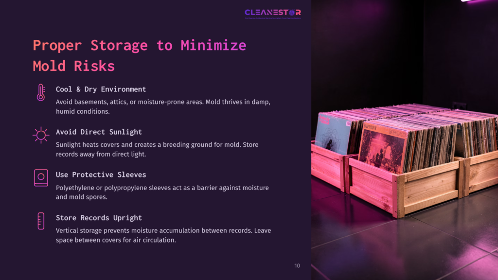 A Stack Of Record Covers In Protective Sleeves, Displayed In Wooden Crates, With A Dark, Well-Lit Background Highlighting Mold Prevention Tips.