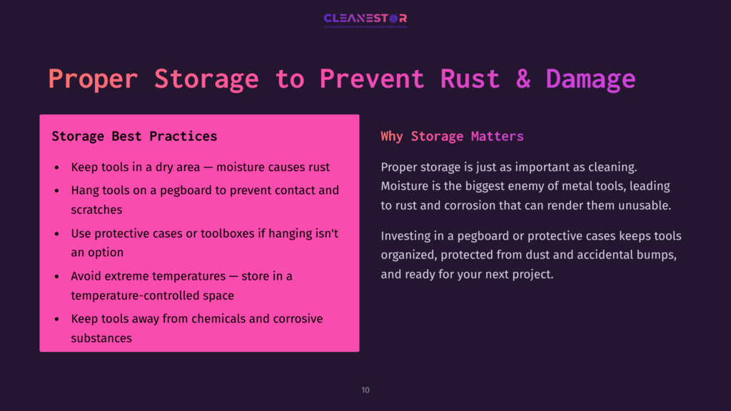 Text-Focused Graphic With A Pink And Purple Layout Detailing Storage Best Practices For Tools, Emphasizing Rust Prevention And Organization.