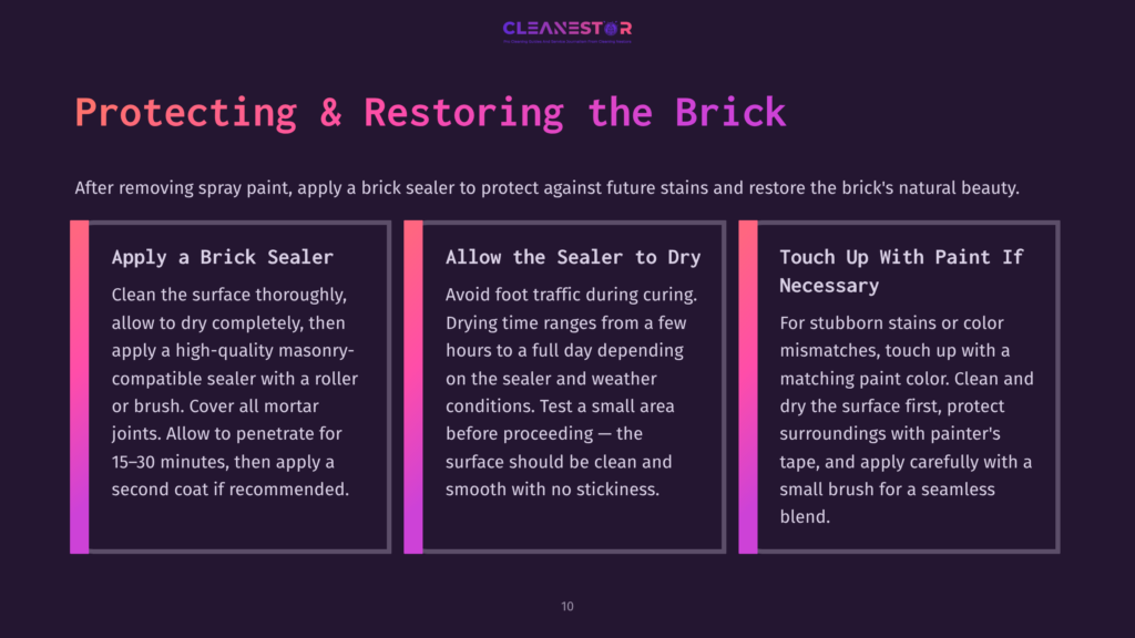 Instructions On Cleaning Spray Paint From Brick, Featuring Sections On Applying A Sealer, Drying Times, And Touch-Up Tips, In Bold Text With A Purple And White Color Scheme.