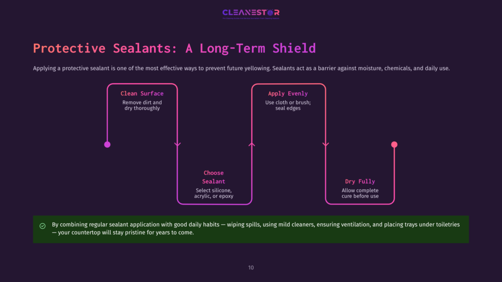 Flowchart Illustrating The Process Of Applying Protective Sealants To Countertops, Detailing Steps Like Cleaning, Sealant Selection, And Application For Long-Term Protection.