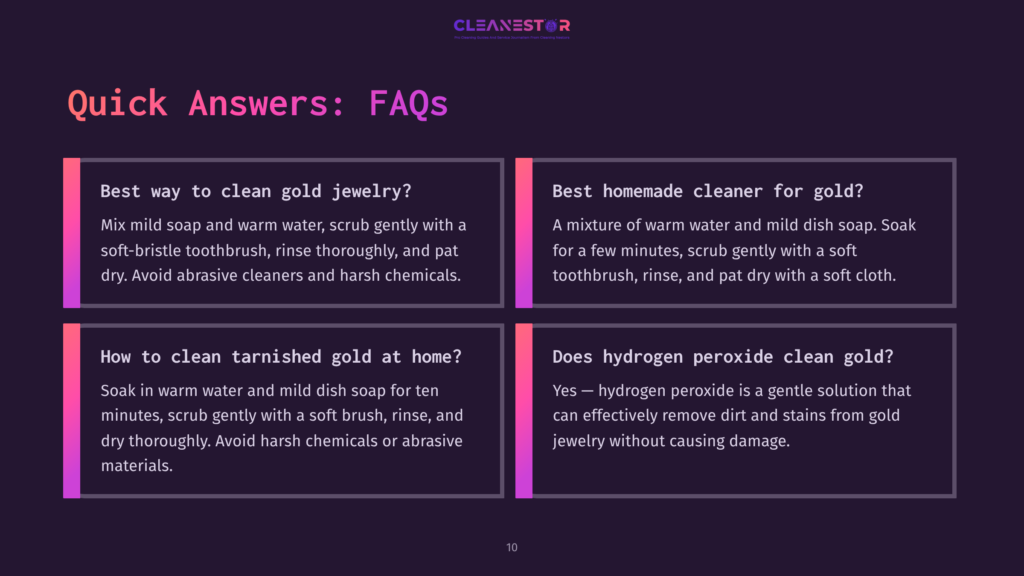 A Dark Purple Background Displays A &Quot;Quick Answers: Faqs&Quot; Heading With Four Boxes Containing Text About Cleaning Gold Jewelry. The Boxes Offer Advice On Best Ways To Clean Gold, Homemade Cleaners, Tarnished Gold, And Hydrogen Peroxide For Gold.