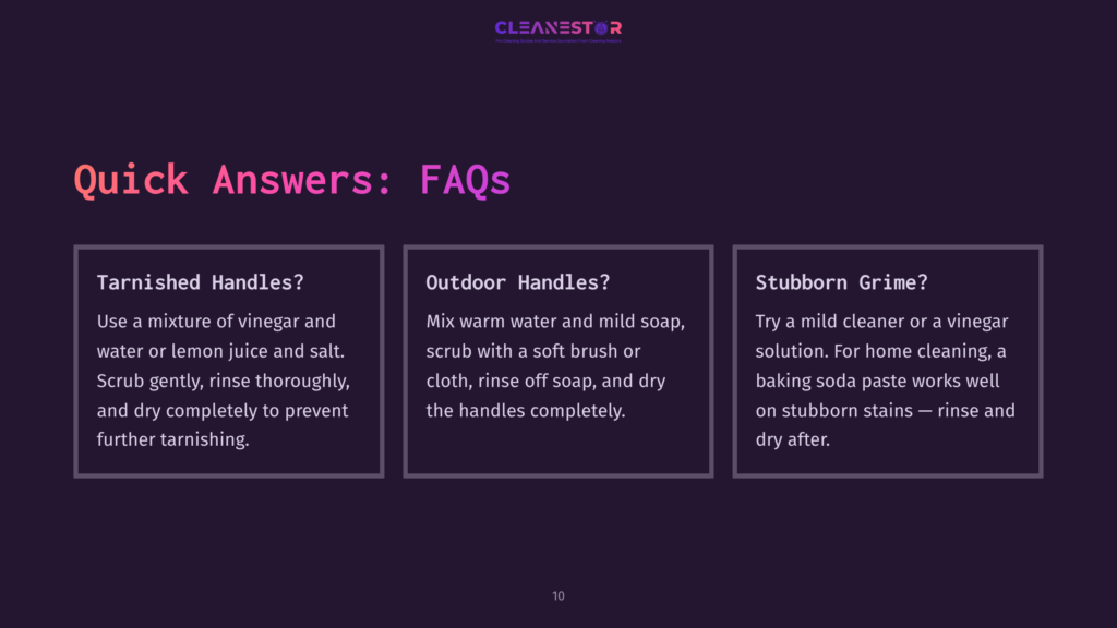 Pink And White Text On A Dark Purple Background Displays Faqs About Cleaning Metal Door Handles, Including Tips For Tarnished And Outdoor Handles.