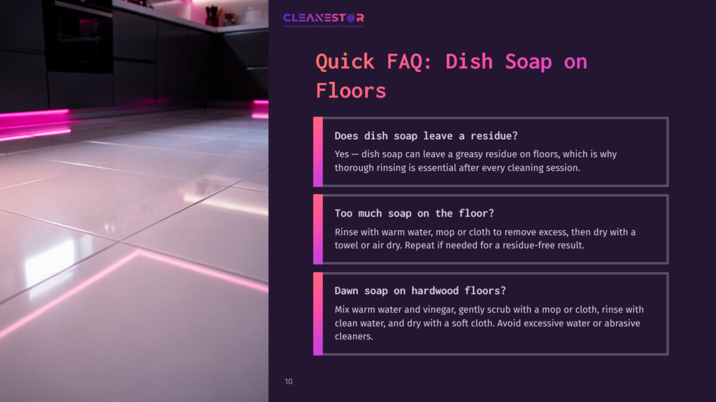 Brightly Lit Modern Kitchen With Pink Led Underlighting. White Tiled Floor Reflects The Light, Accompanied By Text Boxes With Cleaning Tips.