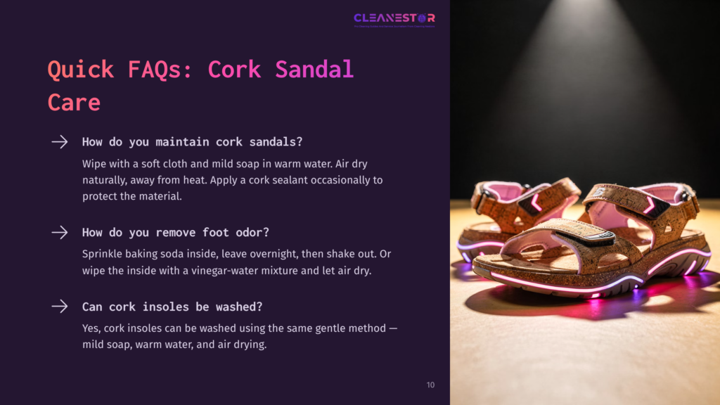 Cork Sandals With Pink And Brown Detailing On A Dark Surface, Next To Text Boxes In Contrasting Colors With Cleaning Care Faqs.