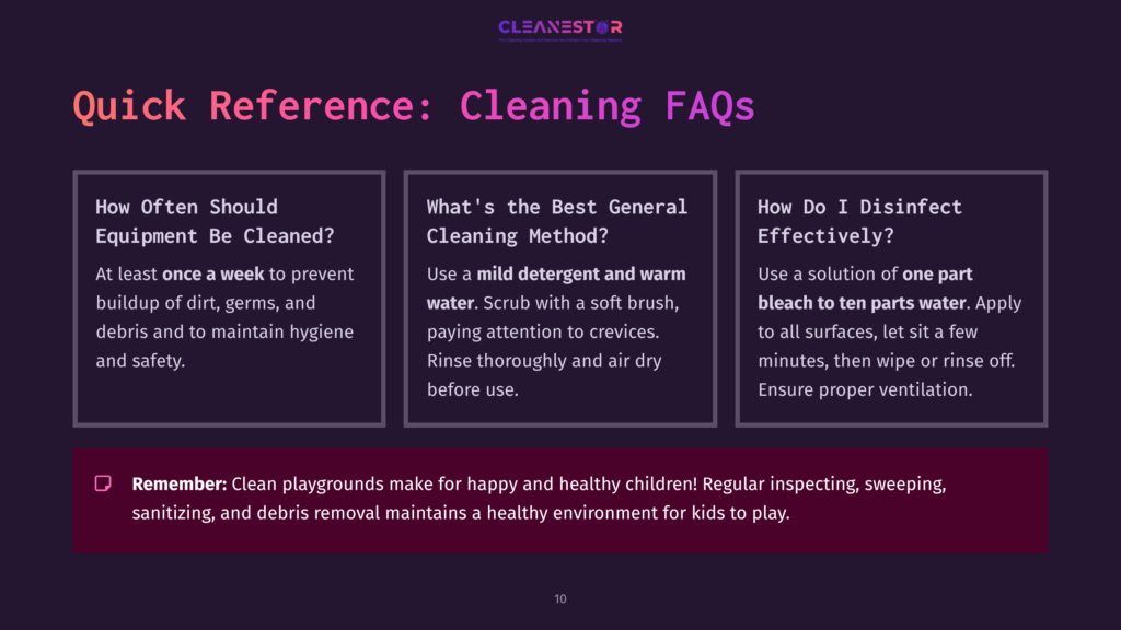 10 Quick Reference Cleaning Faqs A Slide Titled &Quot;Quick Reference: Cleaning Faqs&Quot; With Three Columns: &Quot;How Often Should Equipment Be Cleaned?&Quot; Advising Cleaning Once A Week, &Quot;What'S The Best General Cleaning Method?&Quot; Recommending Mild Detergent And Water With A Soft Brush, And &Quot;How Do I Disinfect Effectively?&Quot; Suggesting A One-Part Bleach To Ten-Parts Water Solution. A &Quot;Remember&Quot; Section Emphasizes Playground Cleaning For Children'S Safety.