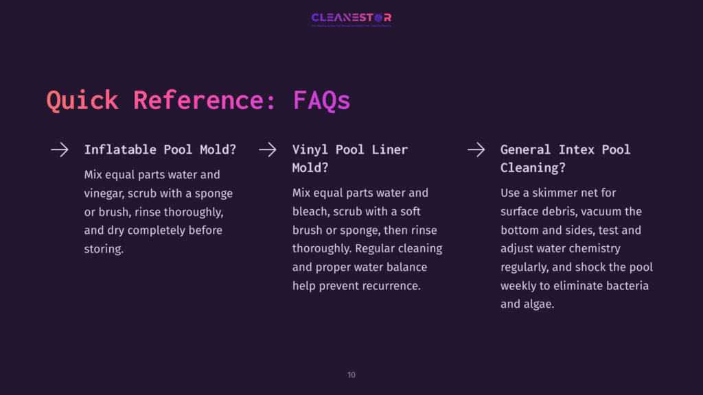 Text In Purple And White Outlining Faqs On Cleaning Mold From Inflatable And Vinyl Pool Liners, With Tips For Regular Maintenance.