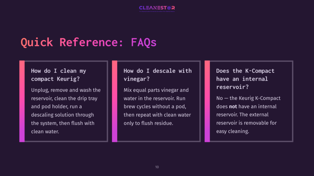 Faq Section On Cleaning And Descaling The Keurig K Compact, Featuring A Dark Background With Colored Text Boxes And White Font.