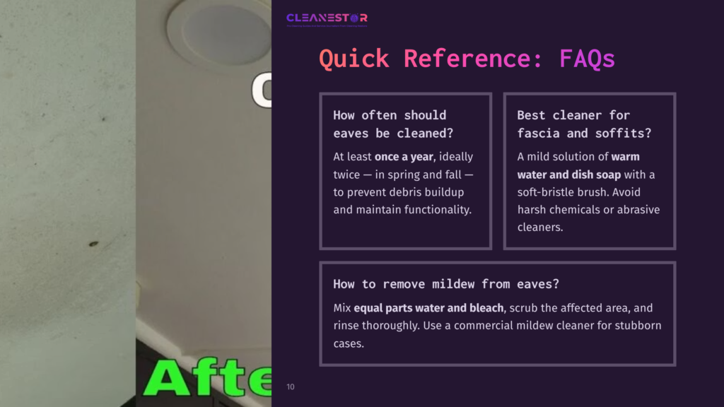 Close-Up Of Clean Eaves With A Light Ceiling Above, Accompanied By A Purple Sidebar Featuring Cleaning Faqs In Clear Text.