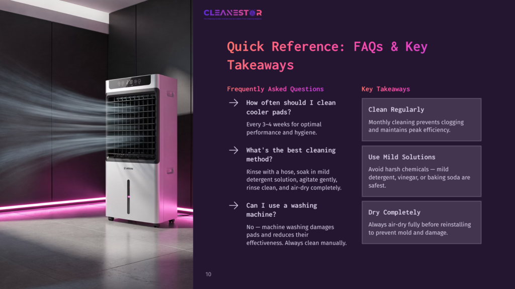 10 Quick Reference Faqs And Key Takeaways A Modern White Evaporative Cooler With A Digital Display Sits In A Dimly Lit Room, With A Graphic Overlay Of &Quot;Cleanestor&Quot; And &Quot;Quick Reference: Faqs &Amp; Key Takeaways&Quot; Text.