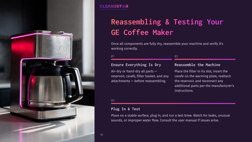 Close-Up Of A Modern Ge Coffee Maker With Glowing Pink Lights, Featuring A Glass Carafe And A Black Water Reservoir. Text Reads: &Quot;Reassembling &Amp; Testing Your Ge Coffee Maker&Quot;.