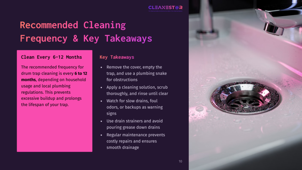 10 Recommended Cleaning Frequency And Key Takeaways A Close-Up Of A Shiny, Silver Faucet Over A Sink With Water Pooling, Accompanied By Cleaning Tips In A Dark Layout.