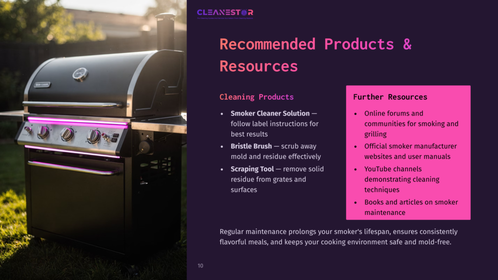 10 Recommended Products And Resources A Shiny Black Smoker Grill With Pink Accents, Surrounded By Text Listing Cleaning Products, Resources, And Maintenance Tips.