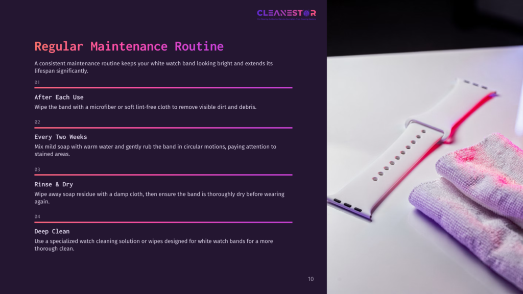 10 Regular Maintenance Routine 1 A White Apple Watch Band Is Laid Out Next To Two Purple Microfiber Cleaning Cloths, With Text Detailing A Regular Maintenance Routine For Cleaning Watch Bands.