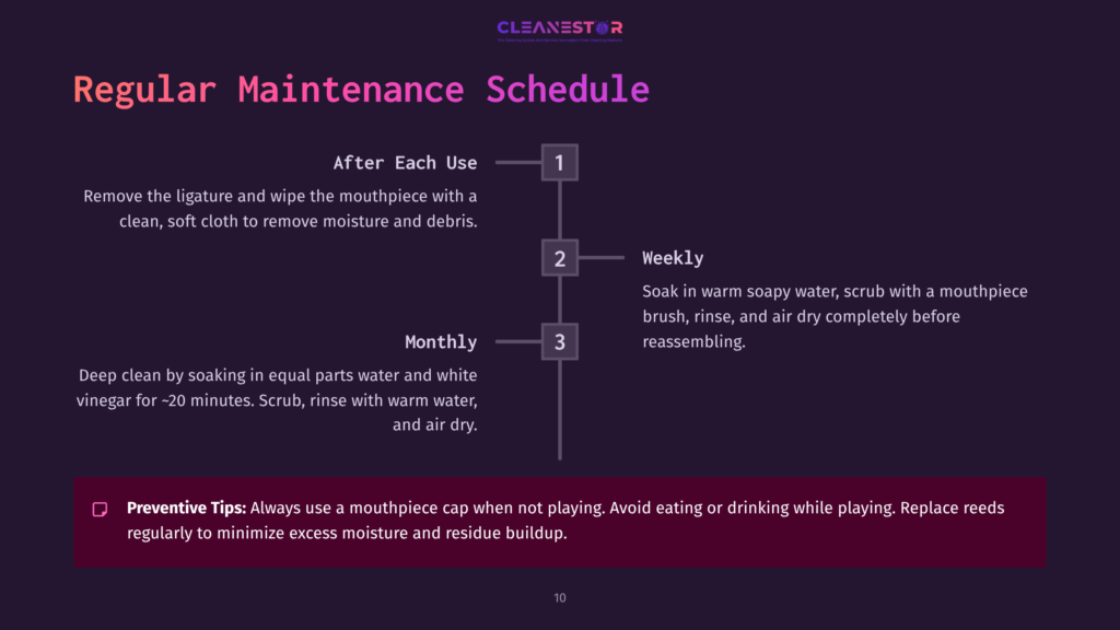 10 Regular Maintenance Schedule A Cleanestor Regular Maintenance Schedule Graphic Detailing After Each Use, Weekly, And Monthly Cleaning Tasks For A Mouthpiece. The Schedule Includes A Preventive Tips Section.