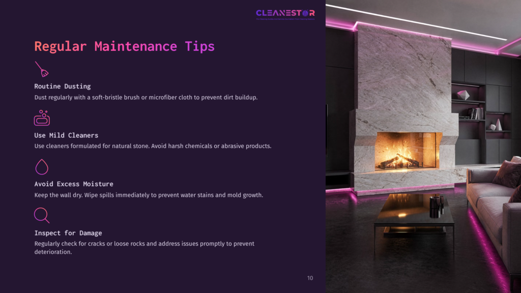 A Modern Fireplace With A Stone Wall, Glowing Pink Lighting, And A Cozy Seating Area; Includes Maintenance Tips In Purple Font.