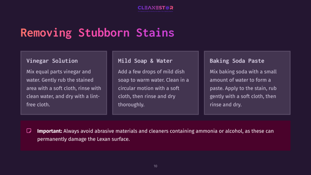 Three Columns Outlining Methods To Clean Lexan Windows: Solutions With Vinegar, Soap And Water, And Baking Soda; Each With Concise Instructions.
