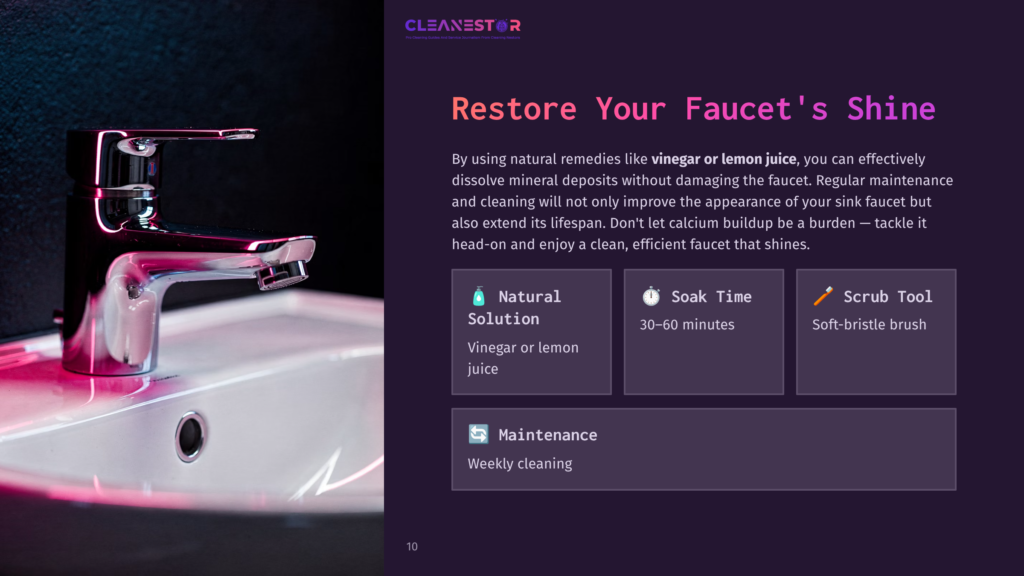 A Shiny Metal Faucet With Water Droplets On A White Sink, Alongside Cleaning Tips And Maintenance Recommendations On A Purple Background.