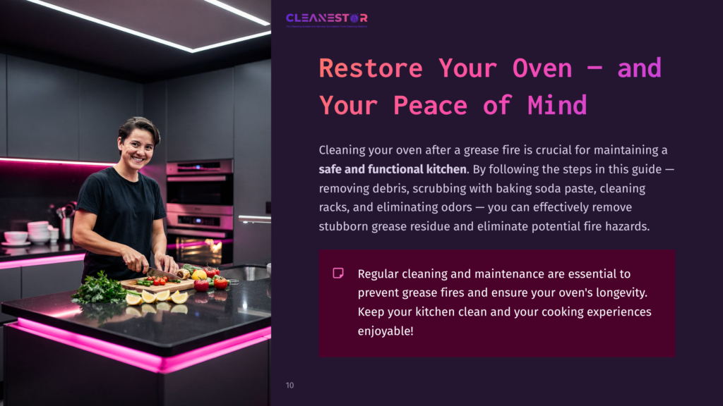 A Smiling Woman With Short Dark Hair And A Black T-Shirt Prepares Food In A Modern, Sleek Kitchen With Vibrant Pink Under-Cabinet Lighting. Text On The Right Reads &Quot;Cleanestor Restore Your Oven And Your Peace Of Mind&Quot;.