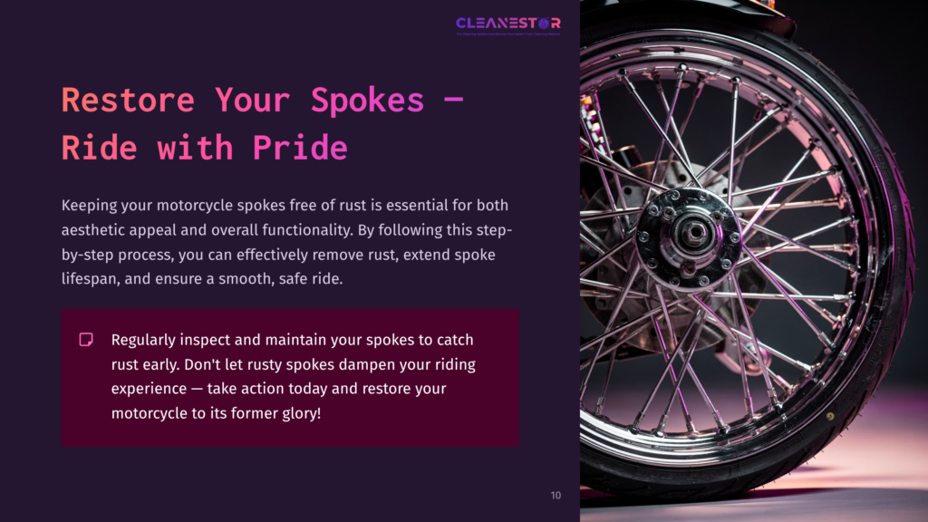10 Restore Your Spokes Ride With Pride Close-Up Of A Shiny, Chrome Motorcycle Wheel With Many Spokes, On A Dark Background With Purple And Pink Lighting. Text Overlay Reads &Quot;Cleanestar&Quot; And &Quot;Restore Your Spokes - Ride With Pride&Quot;.