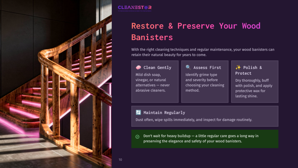 A Beautifully Restored Wooden Banister With Pink Led Lighting Accentuating Its Curves, Alongside Text About Restoring And Preserving Wood Banisters.