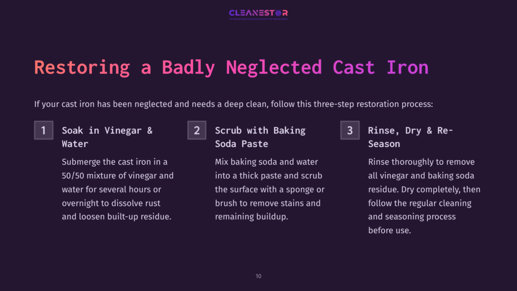 Instructions For Cleaning Cast Iron With Steps Highlighted: Soaking In Vinegar, Scrubbing With Baking Soda Paste, Rinsing And Drying.